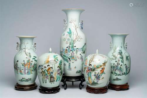 Three Chinese famille rose and qianjiang cai vases with ladi...