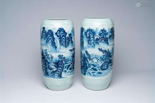 A pair of Chinese blue and white celadon 'landscape' vases, ...