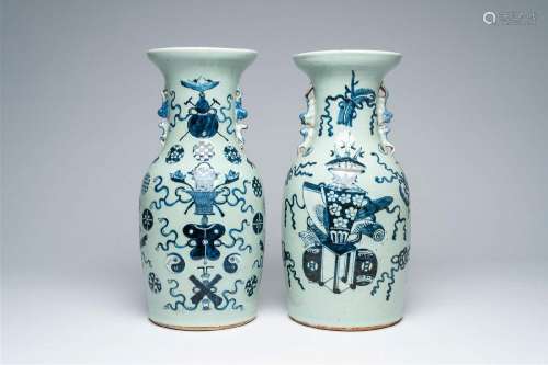 Two Chinese blue and white celadon ground vases with antiqui...