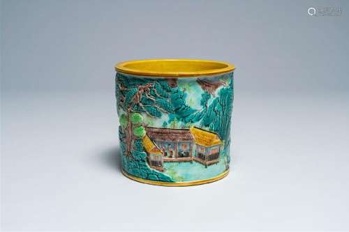 A Chinese famille verte brush pot with an animated river lan...