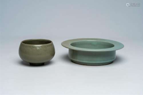 Two Chinese Song style celadon brush washers, 20th C.