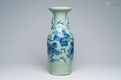A Chinese blue and white 'Buddhist lions' celadon ground vas...