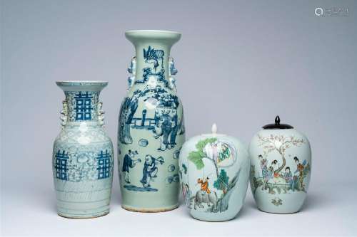 Two Chinese qianjiang cai jars and two blue and white vases,...