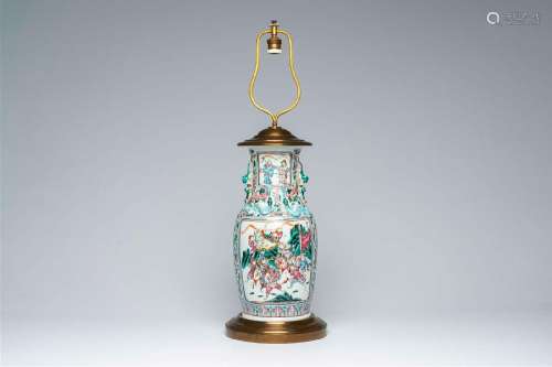 A Chinese famille rose 'warriors' vase mounted as a lamp, 19...
