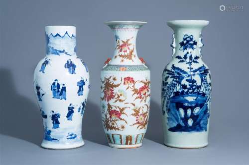 Two various Chinese blue and white vases and a famille rose ...