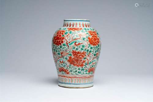 A Chinese wucai 'peony and Buddhist lions' vase, Transitiona...
