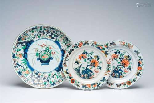 Three Chinese famille verte chargers and dishes with floral ...