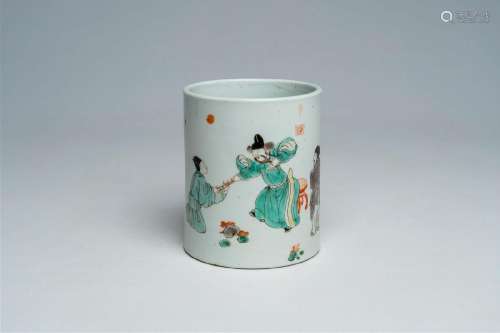 A Chinese famille verte brush pot with figures in a landscap...
