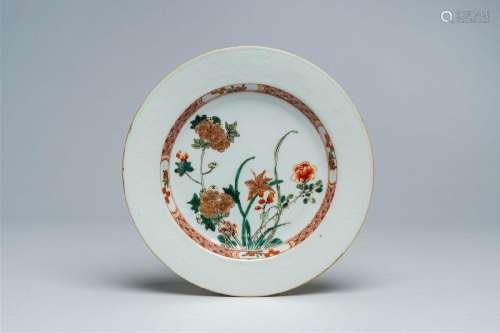 A Chinese famille verte plate with floral and incised anhua ...