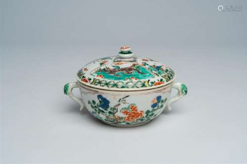A Chinese famille verte porridge bowl and cover with animals...