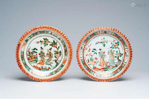 A pair of Chinese famille verte dishes with ladies in a gard...