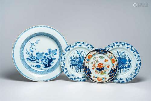 Three Chinese blue and white plates and chargers and a verte...