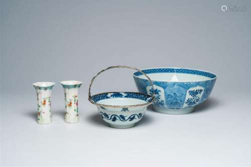 Two Chinese blue and white bowls and a pair of famille rose ...