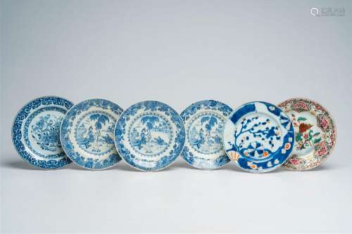 Six Chinese blue, white, famille rose and Imari style plates...