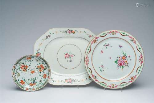 A Chinese famille verte plate and two famille rose chargers ...