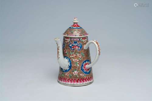 A Chinese famille rose chocolate jug and cover with floral d...