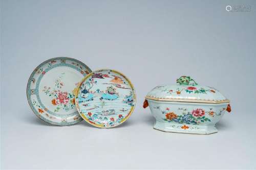 A Chinese famille rose tureen and cover and two famille rose...