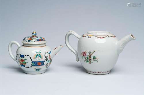 Two Chinese famille rose and verte-Imari teapots with fruits...