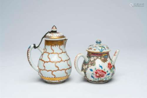 A Chinese famille rose teapot and an iron-red and gilt jug w...