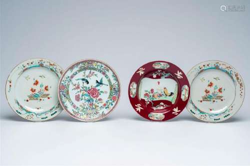 Four Chinese Kakiemon style and famille rose plates with bir...