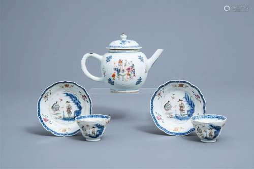 A Chinese famille rose teapot and a pair of cups and saucers...