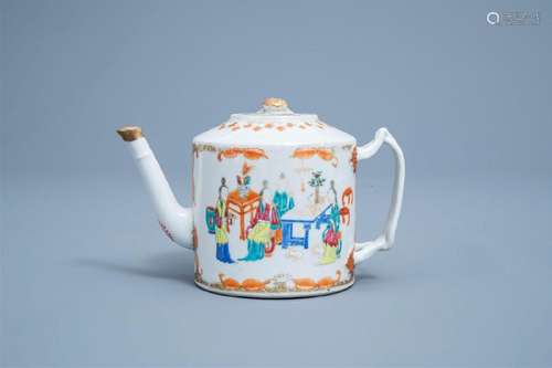 A Chinese famille rose teapot and cover with figurative desi...