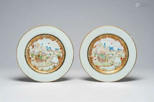 A pair of Chinese famille rose and gilt 'animated landscape'...