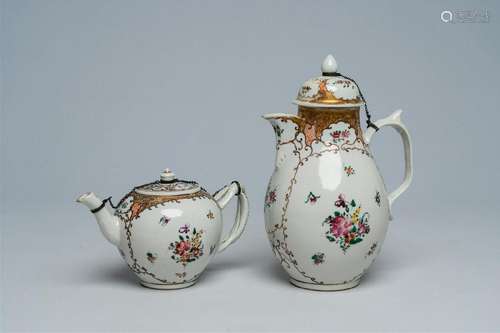 A Chinese famille rose coffee and teapot with floral design,...