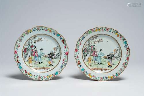 A pair of fine Chinese famille rose plates with figures in a...