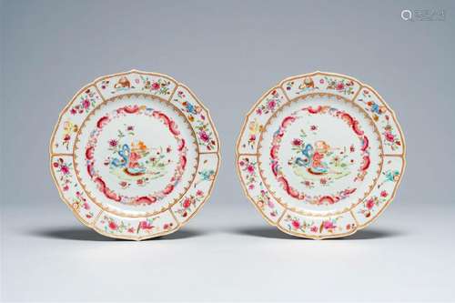 A pair of Chinese famille rose 'flute player' plates, Qianlo...