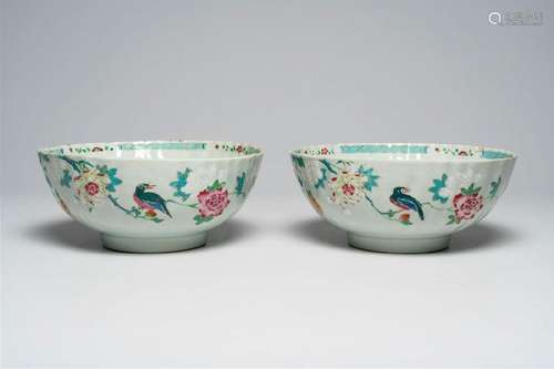 A pair of Chinese famille rose bowls with birds among blosso...