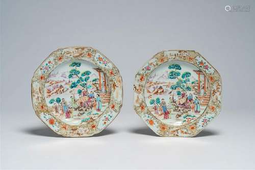 A pair of Chinese octagonal famille rose 'Mandarin' plates, ...