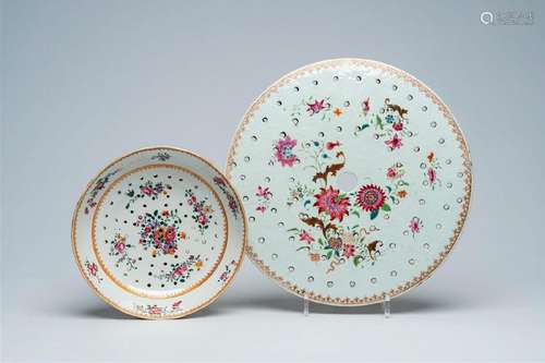 Two Chinese famille rose strainers with floral design, Qianl...