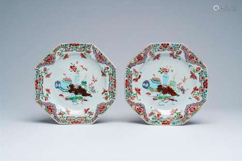 A pair of octogonal Chinese famille rose plates with antique...