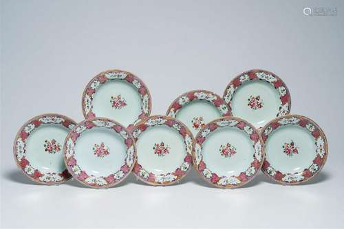 Eight Chinese famille rose plates with floral design, Qianlo...