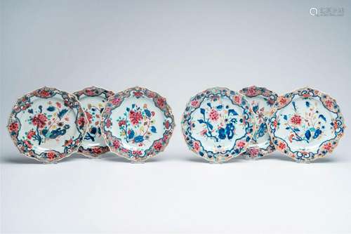 Six Chinese lotus-shaped famille rose plates with floral des...