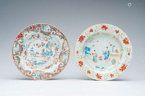 Two Chinese famille rose plates with figures in a landscape,...