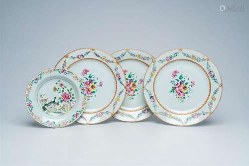 Three Chinese famille rose chargers with floral design and a...