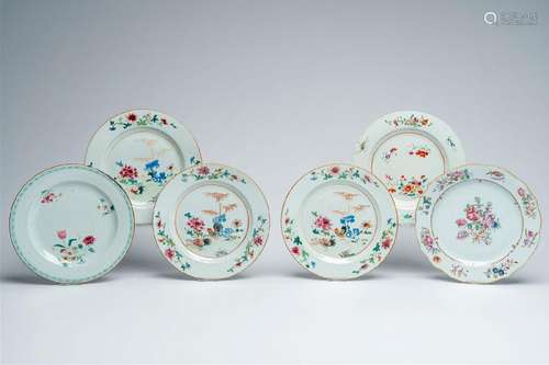 Six Chinese famille rose plates with roosters and floral des...