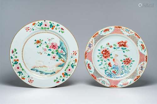 Two Chinese famille rose chargers with sheep in a landscape ...