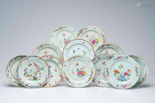 Twelve Chinese famille rose plates with floral design, Qianl...