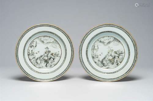 A pair of Chinese grisaille and gilt 'Luohan and tiger' plat...