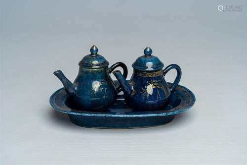 A Chinese powder blue and gilt cruet set, Qianlong