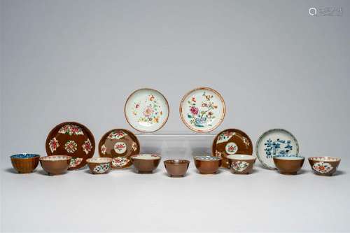 Nine Chinese Batavian ware famille rose and blue and white c...