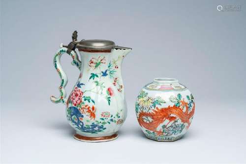 A Chinese famille rose jug with floral design and a famille ...