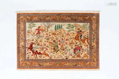 A Persian Qom (Qum/Ghom) rug with a hunting scene, silk on c...