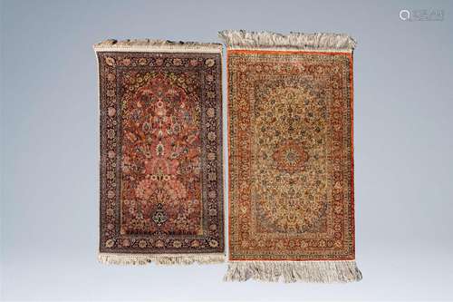 Two Oriental rugs with floral design, Kashmir, silk on cotto...