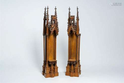 A pair of French Gothic revival oak sculpture niches, late 1...