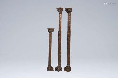 Three French oak carved columns with geometric design, 18th/...