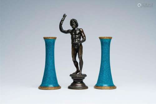 A pair of French gilt bronze mounted monochrome turquoise Sè...